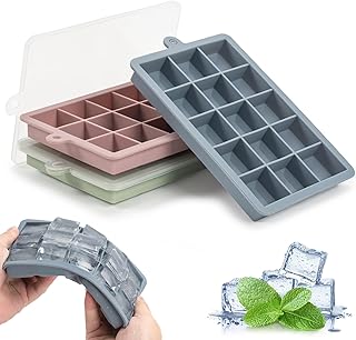 Eiswürfelform Silikon, 3 Stück Eiswürfelbehälter mit Deckel, 15-Fach Quadratische Eiswürfel,…