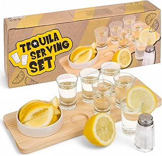 MIJOMA Tequila-Servierset 9-teilig – Holzbrett mit 6 Shotgläsern, Salzstreuer & Zitronenschale…