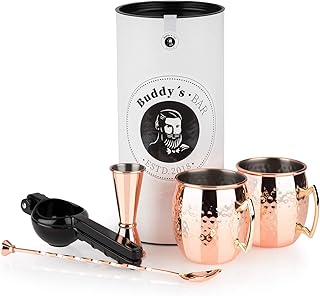 Moscow Mule Komplett Set, 2 x 500 ml Cocktail-Becher, 27 cm Barlöffel, 5 cl Barmaß & Schwarze L…