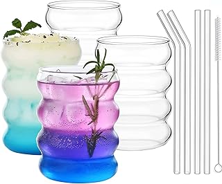 ALINK Gerippte Trinkgläser mit Glasstrohhalmen 4er Set, 350ml Eiskaffeegläser, Wave Gläser Tum…