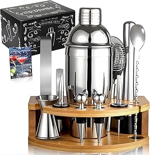 12 Teiliges Cocktail Shaker Set, 750ml Edelstahl Cocktail Set mit Bambusständer & Rezeptbuch, Co…