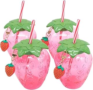 4 Stück Trinkbecher Plastik mit Deckel und Strohhalm 500ml Erdbeerbecher Kawaii Tumbler Tasse Mi…