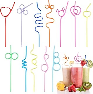 Bunte Strohhalme Plastik, 12 Stück Gelockt Formen Strohhalm, Lange Strohhalme Kinder Wiederverwe…