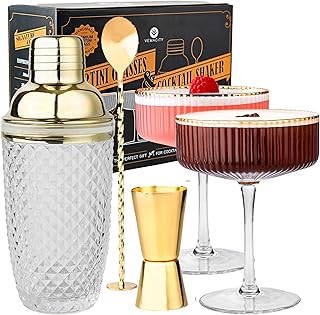 Vemacity Cocktail Set– Glas Cocktail Shaker (500ml) + 2 Espresso Martini Gläser mit Goldrand, …