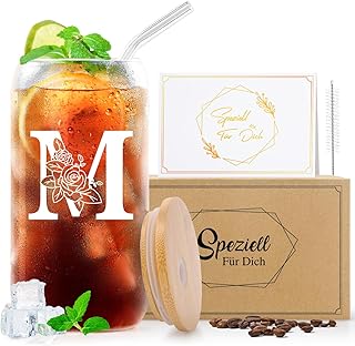 A-Z Buchstaben Glasbecher mit Deckel und Strohhalm Personalisierte Geschenke für Frauen Männer …