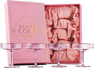 Vintage Art Deco Gerippte Coupe Gläser in Zartem Rosa mit Goldrand | 4er Set | 200 ml Cocktailgl…