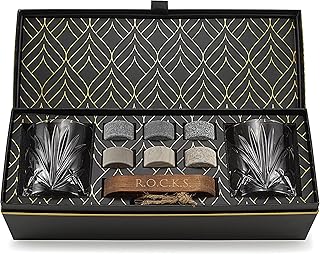 Whiskey Steine Set – 6 Handgefertigte Runde Granit Whisky Steine – 2 Whisky Gläser – Präsentati…