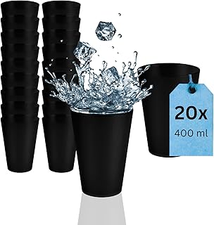 20 Trinkbecher 400 ml Schwarz, Hartplastikbecher für Party, Kinderbecher, stapelbare Plastikbech…