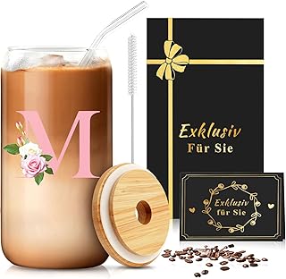 Geschenk für Frauen – Becher mit Deckel und Strohhalm, A-Z Buchstaben Personalisiertes Trinkglas…