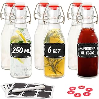 Praknu 6er Set Glasflaschen 250ml mit Bügelverschluss – Bügelflaschen Zum Befüllen – inkl. 6 E…