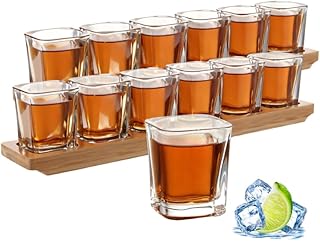 12er Set Schnapsgläser Quadratisch 70ml mit 2 Bambus Haltern – Shotgläser Set für Tequila, W…