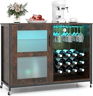 COSTWAY Weinschrank mit LED-Beleuchtung, Barschrank mit Rollen, verstellbaren Regalen, Glas- & Fl…