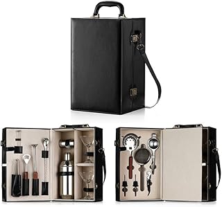 Luxuriöses Tragbares Cocktail-Set, Schwarzer Kunstleder-Koffer mit Barwerkzeugen, Weinöffner, C…