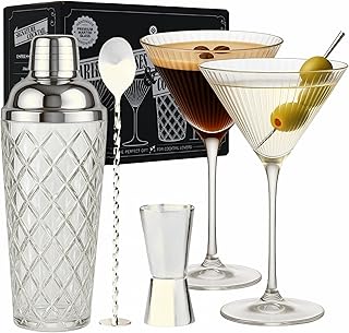 Vemacity Cocktail Shaker Set Glas mit Sieb (450ml) | 2 Ribbed Martini Gläser (280ml) + Silber Ba…