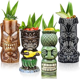 Tiki-Tassen, 4 Stück Tiki-Gläser für Cocktails großen tropischen Keramikbechern Hawaii Tiki P…