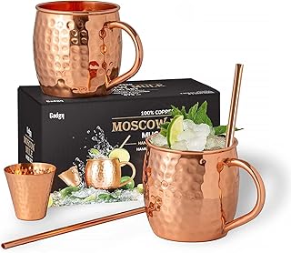 Gadgy Moscow Mule Becher Set – 2 Kupferbecher, 2 Strohhalme, 1 Barmaß – Handgemachte Cocktailbec…