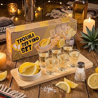 MIJOMA Tequila-Servierset 9-teilig – Holzbrett mit 6 Shotgläsern, Salzstreuer & Zitronenschale…