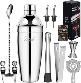 Sosayet Cocktail Shaker Set, 10-teiliges Edelstahl Cocktail Set mit Zubehör & Rezeptkarten, 750 …