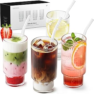 Gläser Set 4-teilig mit Strohhalm (300ml) – Geriffelte Cocktailgläser, Riffle, Ripple Aesthetic…