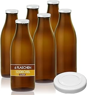 6 Braune Glasflaschen 1 Liter Milch Flaschen 12 Twist off Schraubverschluss Deckel leer zum Befü…