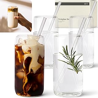 KIVY Trinkgläser Set mit Glas Strohhalm [4x 450ml] Für Eiskaffee, Wasser & Cocktails – Longdrin…