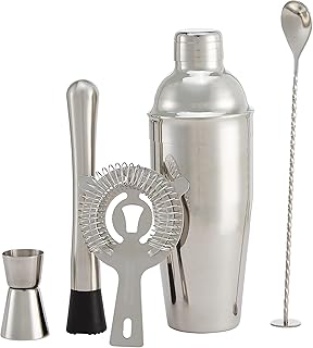 Amazon Basics Barbesteck Set, 710-ml-Shaker, Sieb, Jigger und Muddler, 5er-Pack, Edelstahl