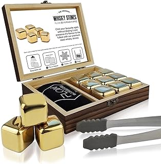 FLOW Barware Gold Whisky-Steine, Geschenk-Set mit Eiszange und Aufbewahrungstasche, Wiederverwend…