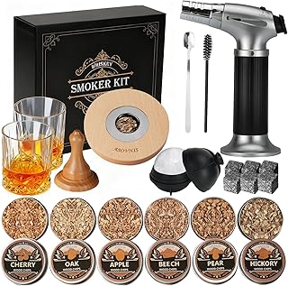 Whisky-Räucherset mit Fackel-6 Geschmacksrichtungen, Holzspäne, 2 Gläser, 6 Whiskysteine, Cock…