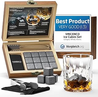 Whisky Steine Set – 12 Wiederverwendbare Basalt Eiswürfel, Zange + Stoffbeutel, Whiskey Ice Cube…