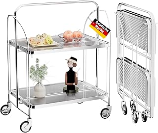 Servierwagen mit Rollen, Servierwagen Klappbar, Dinett 2 Tier Ablagekorb aus Temperglas with Whee…