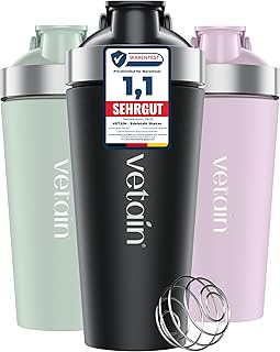 VETAIN Protein Shaker – 700ml – 100% Auslaufsicher – Premium Edelstahl Shaker mit Mixball – Auße…