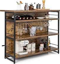 COSTWAY Hausbar Schrank, Küchenregal mit 4 offenen Ablagen & Weinregal & Gläserhalter, Standreg…
