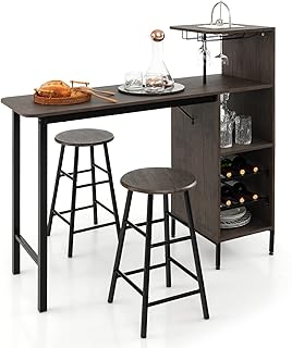 GIANTEX Bartisch mit Barhocker Set, Küchentheke mit Weinregal & Glashalter, Bar Tisch Küchenbar…
