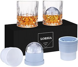 Whisky Gläser, 4er Set (2 Kristallgläser, 2 große Eiskugelformen) in Geschenkbox – 300 ml Wh…