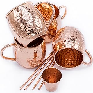 Gadgy Moscow Mule Becher Set – 4 Kupferbecher handgemacht – Cocktailbecher Set mit 4 Strohhal…
