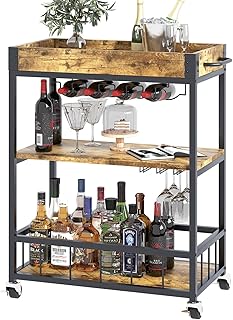 Servierwagen, Küchenwagen, Barwagen mit Rollen, Weinwagen mit Flaschenhalter, 3 Etagen, Getränk…