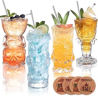 4er-Set transparenter Tiki-Gläser – exotische Tropische Cocktailgläser mit Strohhalmen und Un…