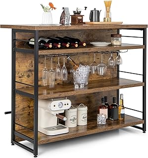 COSTWAY Hausbar Schrank, Küchenregal mit 4 offenen Ablagen & Weinregal & Gläserhalter, Standreg…