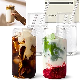 KIVY Trinkgläser Set mit Glas Strohhalm [4x 450ml] Eiskaffee, Wasser & Matcha Glas – Longdrinkgl…