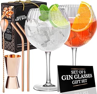 Vemacity Geriffelte Gin-Tonic-Gläser-Set | 2 Handgefertigte Gin Gläser, Rotgold-Barlöffel, Spi…