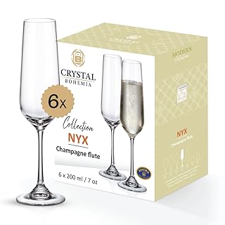 Crystal Bohemia Sektgläser – 6er Set, je 200 ml, spülmaschinenfest, schlank, kratzfest & elegan…