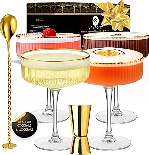 Vemacity Espresso Martini Gläser 4er Set mit Goldrand & Cocktail Zubehör | Gerippte Glas | Hand…