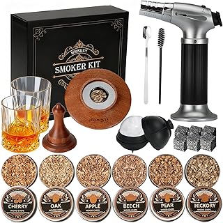 Whisky-Räucherset mit Fackel-6 Geschmacksrichtungen, Holzspäne, 2 Gläser, 6 Whiskysteine, Cock…