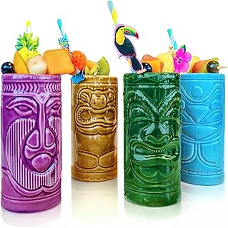 mikamax Tiki Becher, Mugs 4er Set Keramik Cocktailbecher Cocktailgläser Bar Zubehör Partydekora…