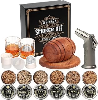 Whiskey Smoker Kit with Torch,6 Flavors Wood Chips, 2 Glasses, 2 Ice Ball Molds,Cocktail Smoker I…