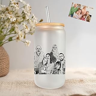 Drawelry Personalisierte Foto Glasbecher mit Bild Name Gravur Trinkglas Deckel und Strohhalm Kari…