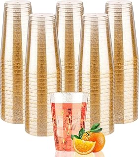 ZkateTrade 50 Stück Hartplastik Plastikbecher mit Goldglitter, 420ml Kunststoff Partybecher, Meh…