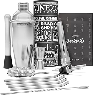Cocktail Shaker Set + Rezeptbuch: Premium Edelstahl Bar Cocktailset Cocktailshaker Messbecher Str…