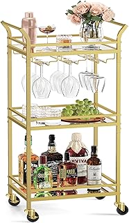 VASAGLE Servierwagen, 3 Ebenen, Rollwagen, mit Rollen, Griffen, verspiegelte Glasablagen, für kl…