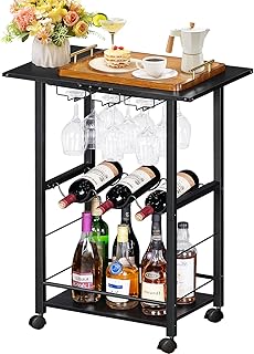 LELELELINKY Servierwagen, Bar Weinwagen mit Weingläser, Flaschenregal, Küchenwagen mit Rollen, …